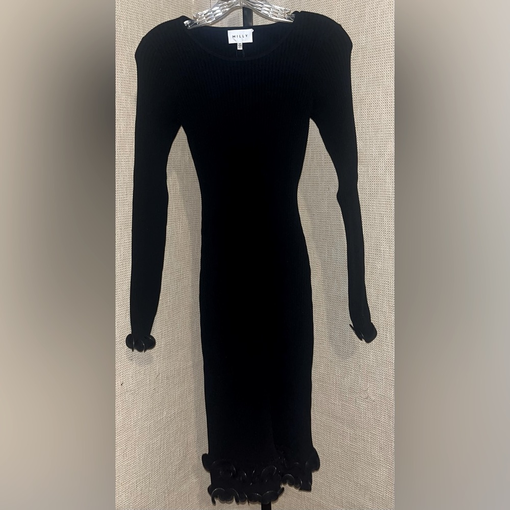 Black Long Sleeve Sweater Dress w/ Sleeve and Hem Embellishment